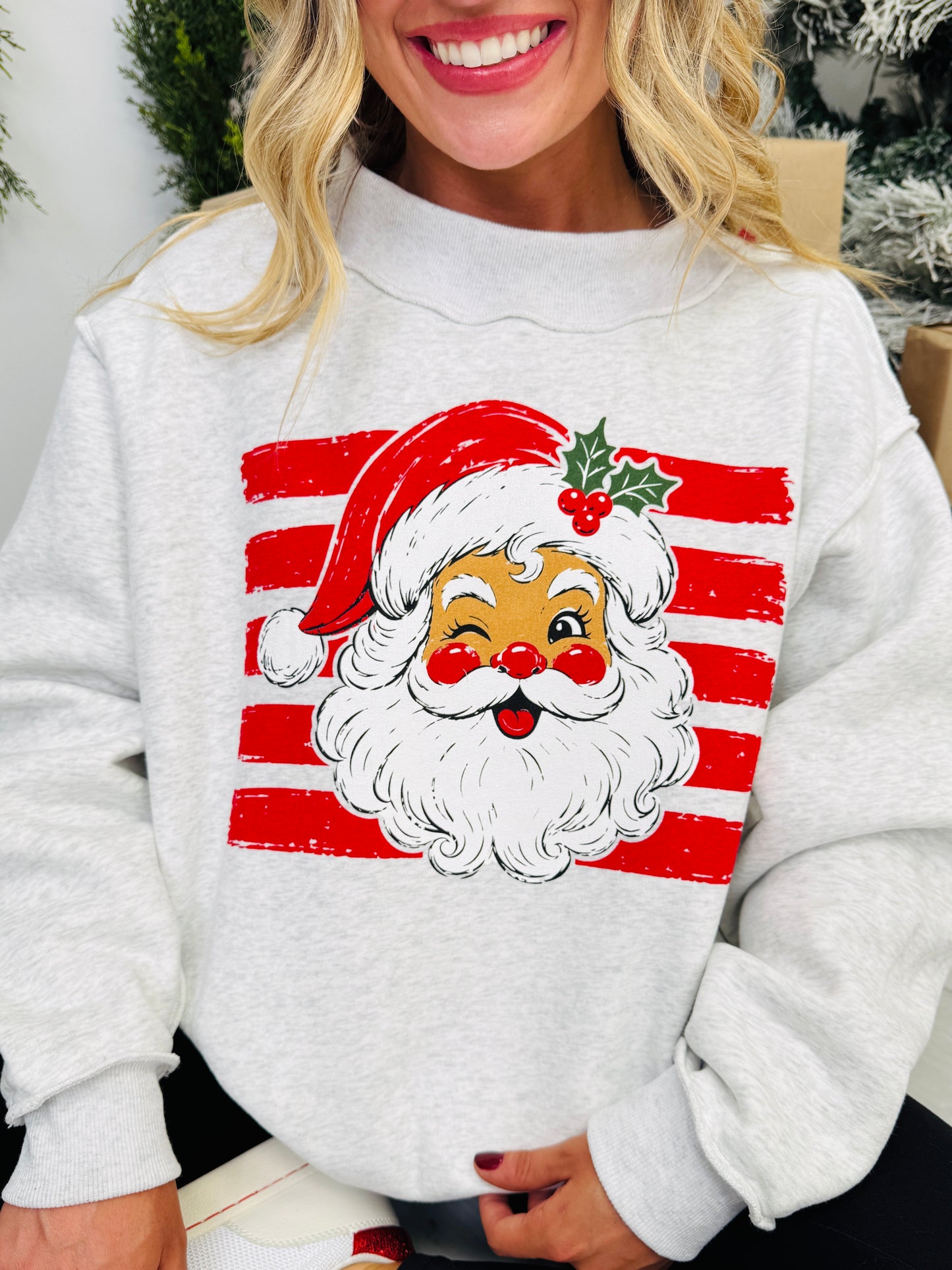 Striped Santa Mock Neck Graphic Sweatshirt