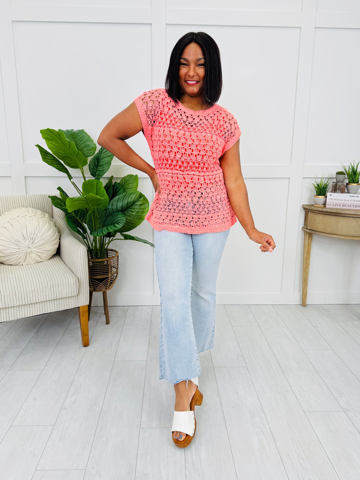 Off-Duty Babe Top In Neon Peach