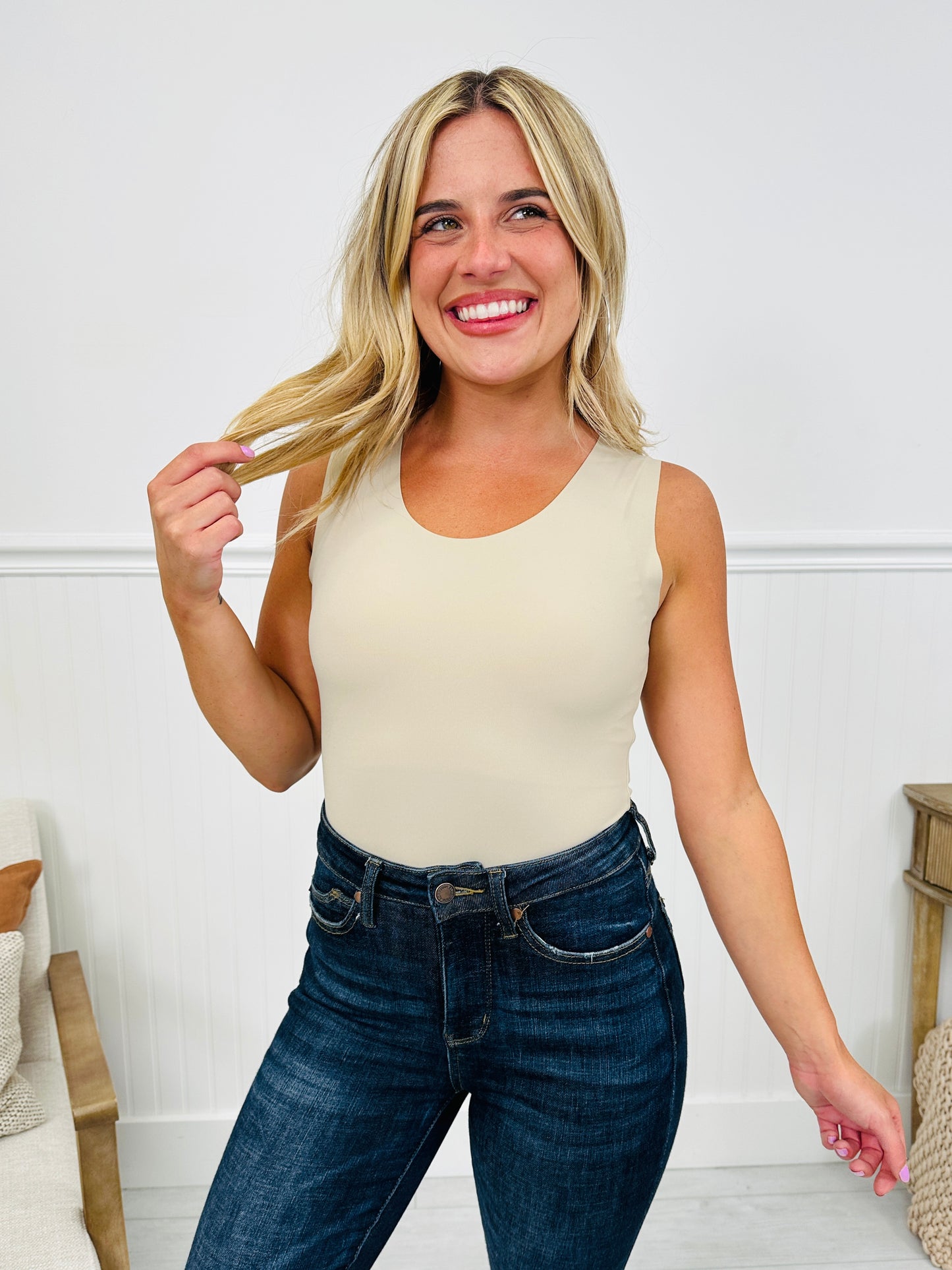 MOCO Signature Sleeveless Bodysuit in Stone-- Multiple Lengths!