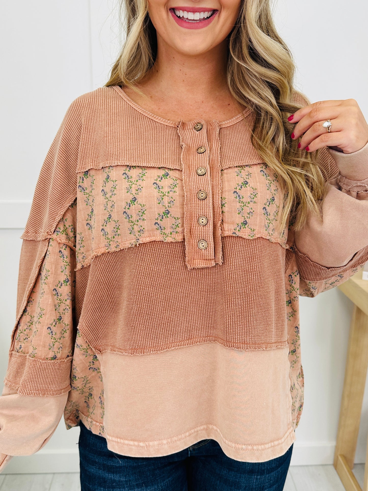 Faded Florals And Feels Top in Camel