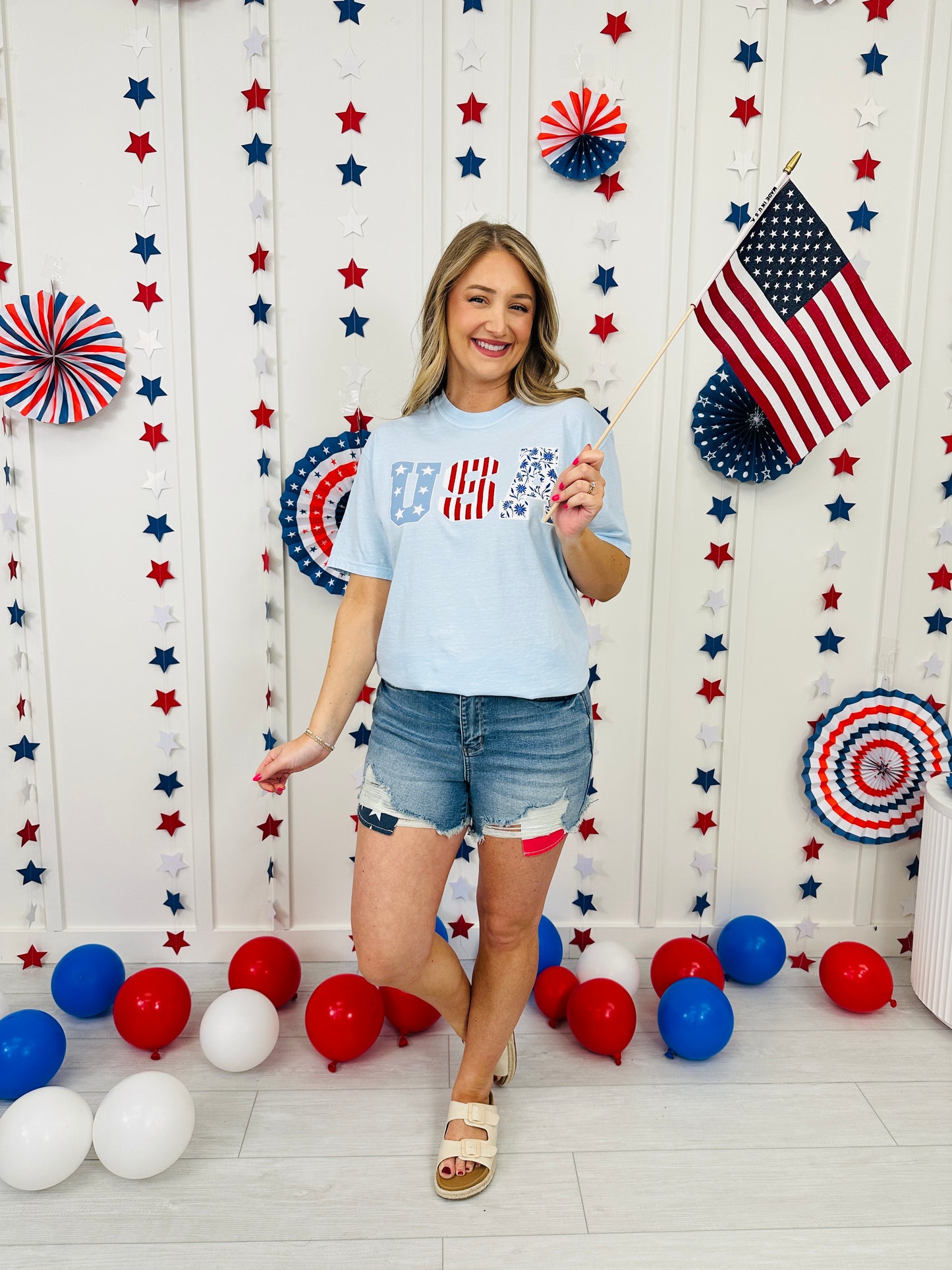 Stars, Stripes, and Florals USA Graphic Tee