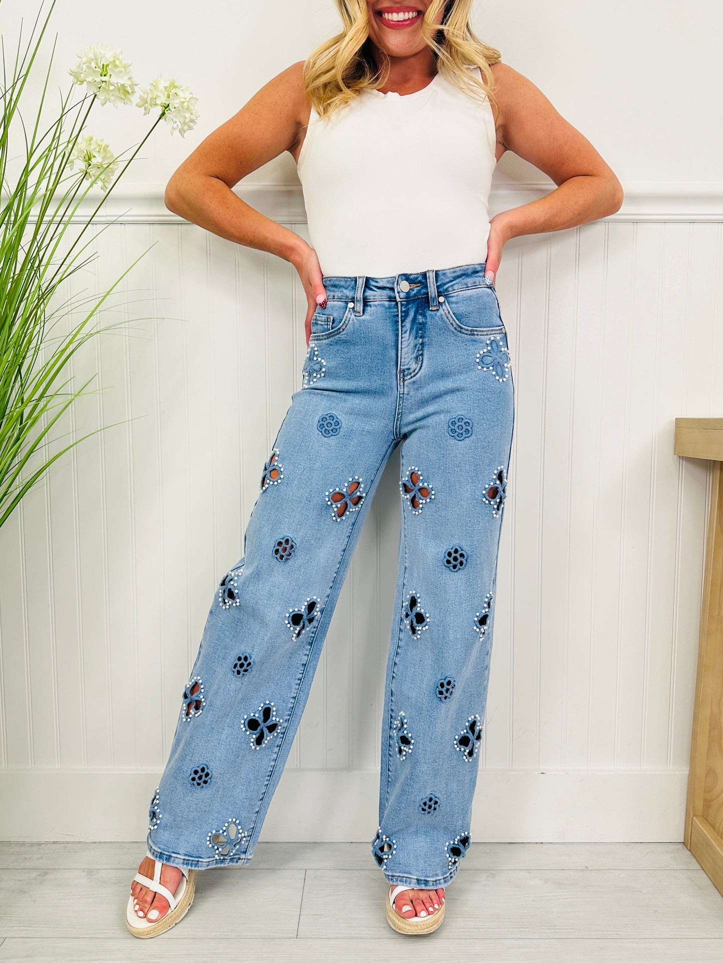 Pearl Perfect Floral Wide Leg Tummy Control Jeans