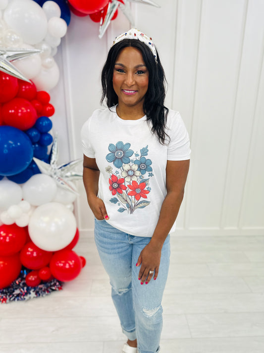 Red, White And Blue Flowers Graphic Tee