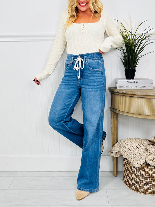 Off Duty Tummy Control Wide Leg Drawstring Jeans