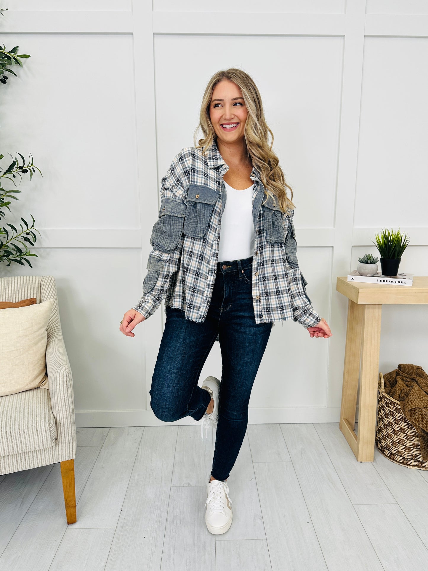 Checked Into You Top in Navy