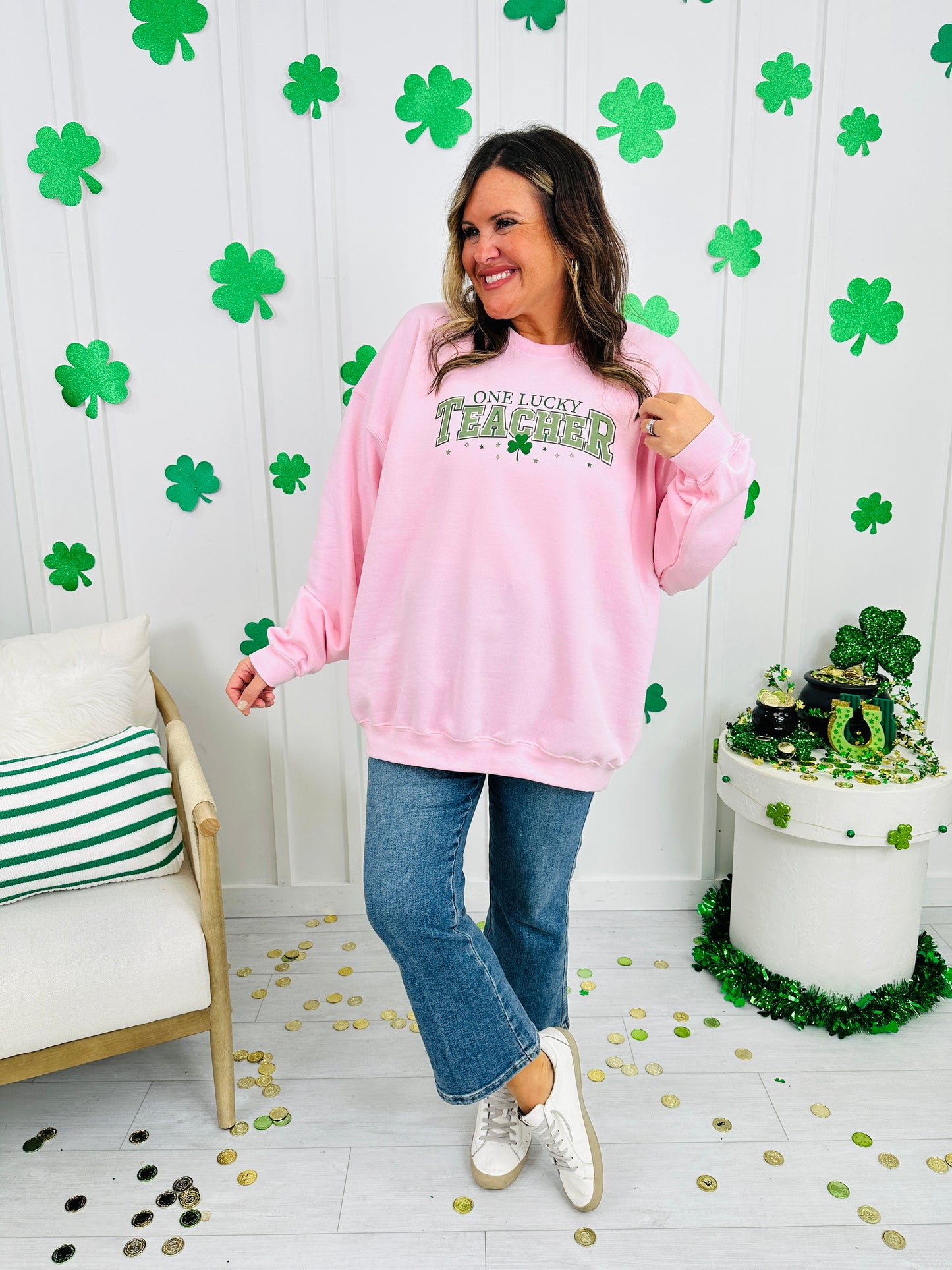 One Lucky Teacher Graphic Crewneck Sweatshirt