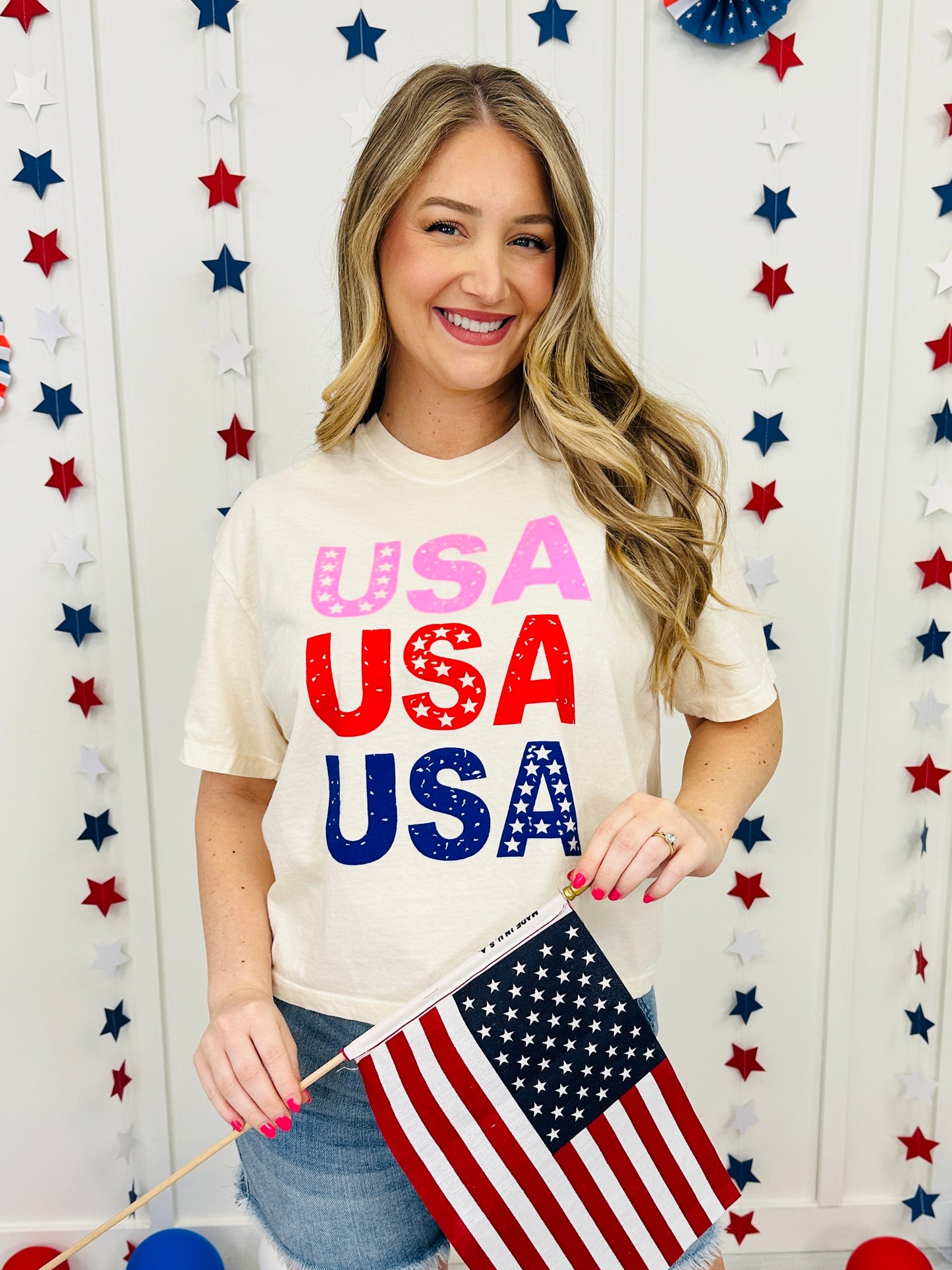 Pink Red And Blue USA Boxy Graphic Tee