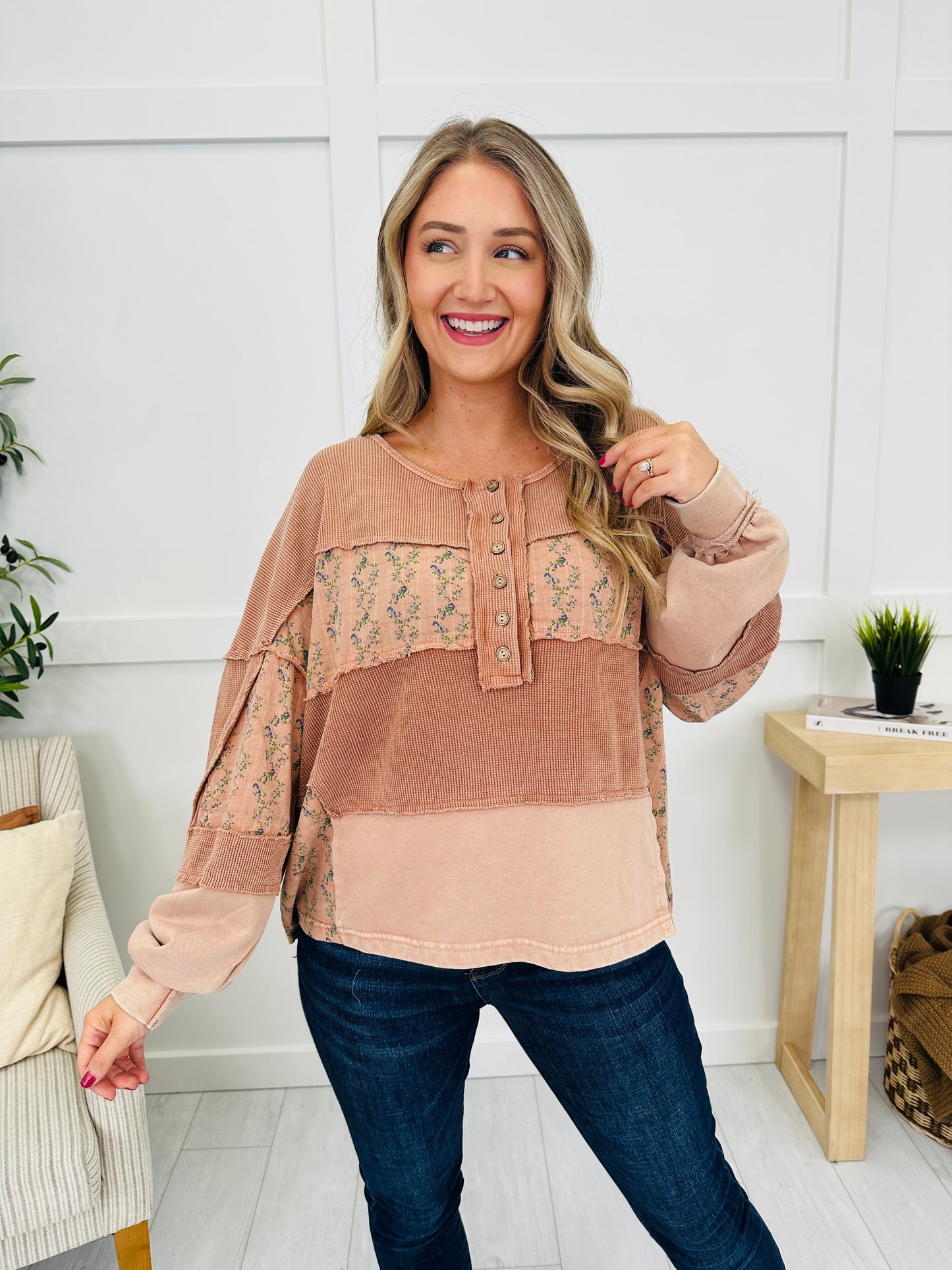 Faded Florals And Feels Top in Camel