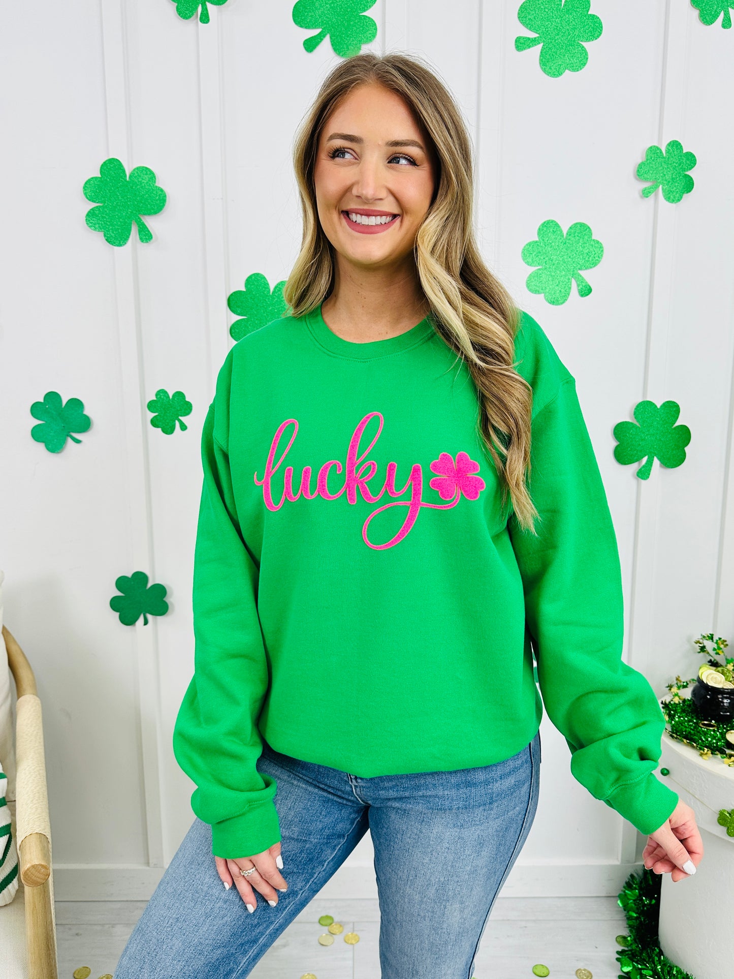 Pink Lucky Clover Puff Graphic Crewneck Sweatshirt