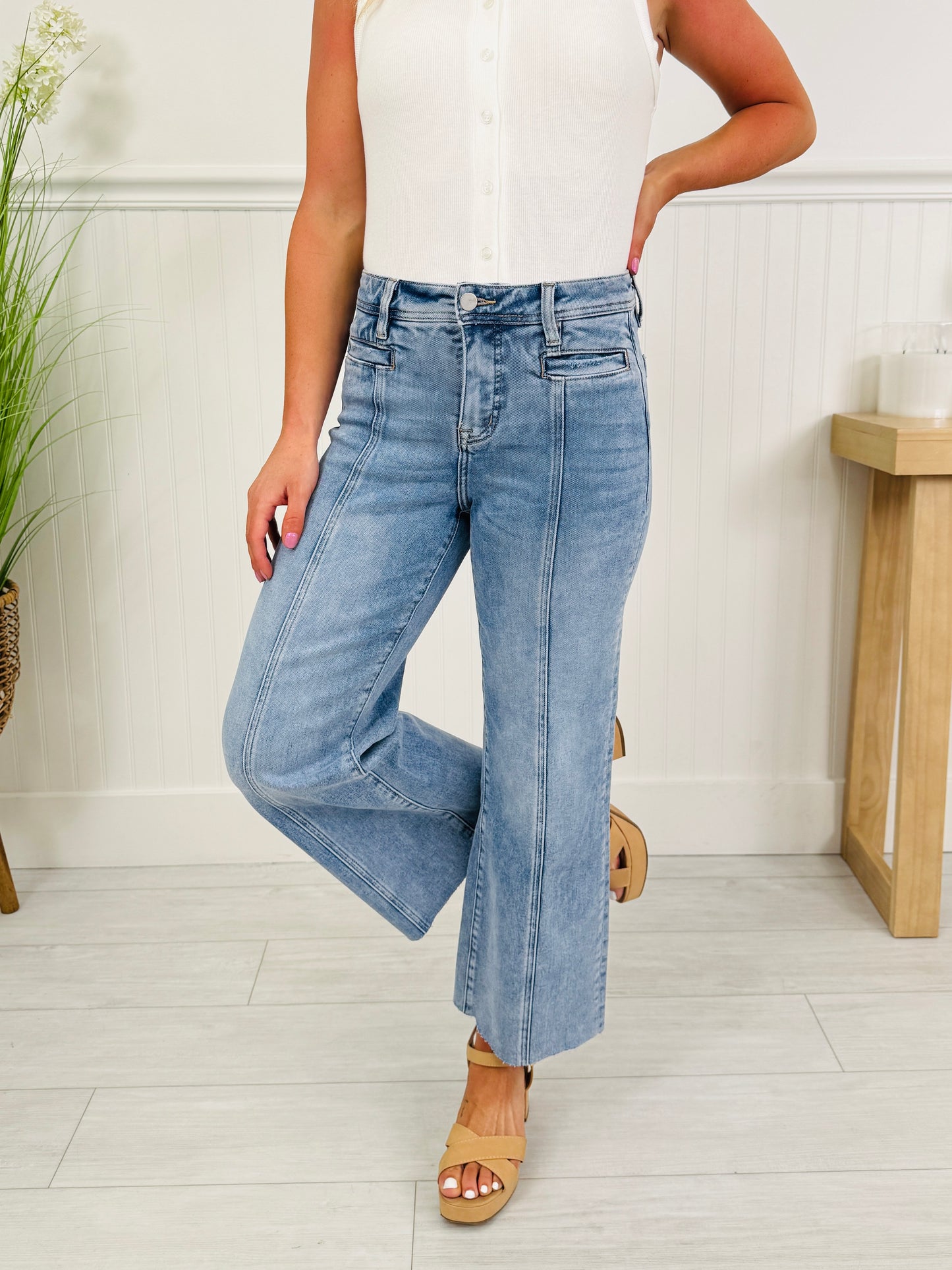 Front and Center Tummy Control Cropped Wide Leg Jeans