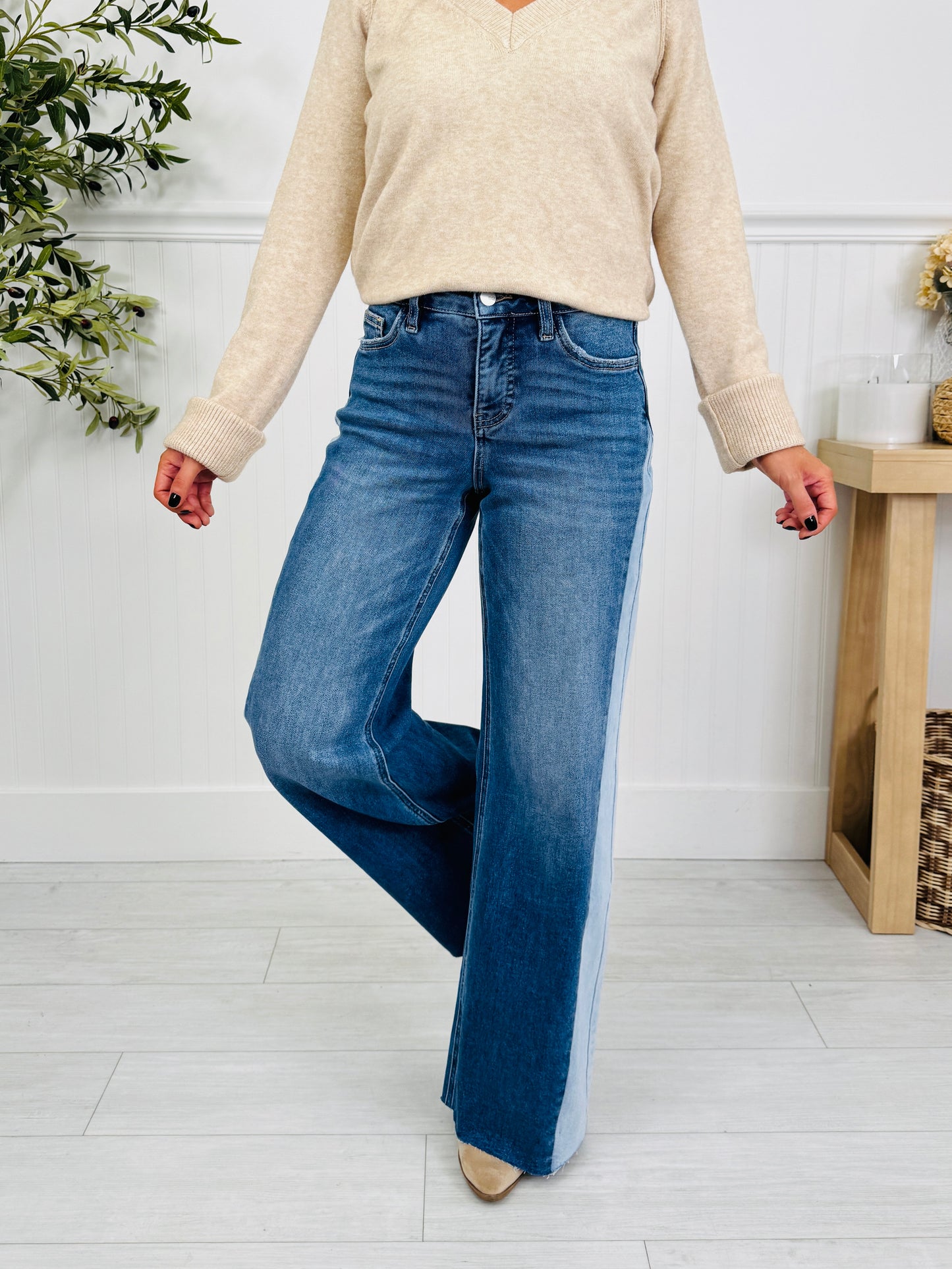 Two Tone Twist Tummy Control Retro Wide Leg Jeans