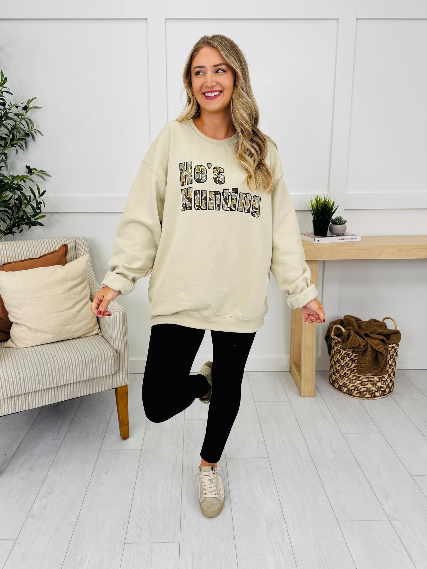 He's Hunting Graphic Crewneck Sweatshirt