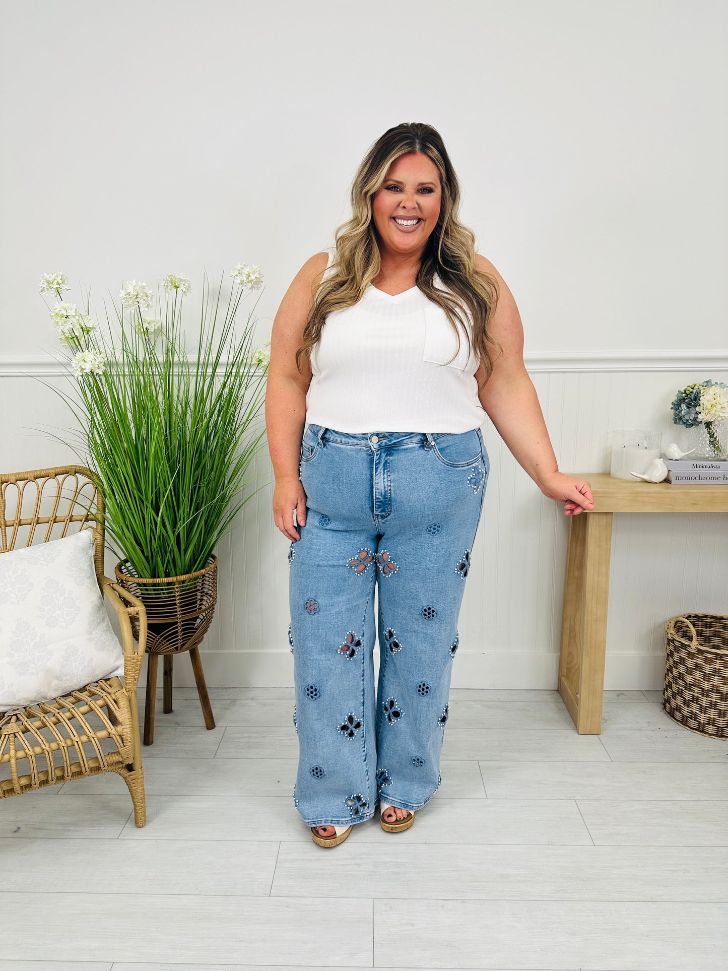 Pearl Perfect Floral Wide Leg Tummy Control Jeans