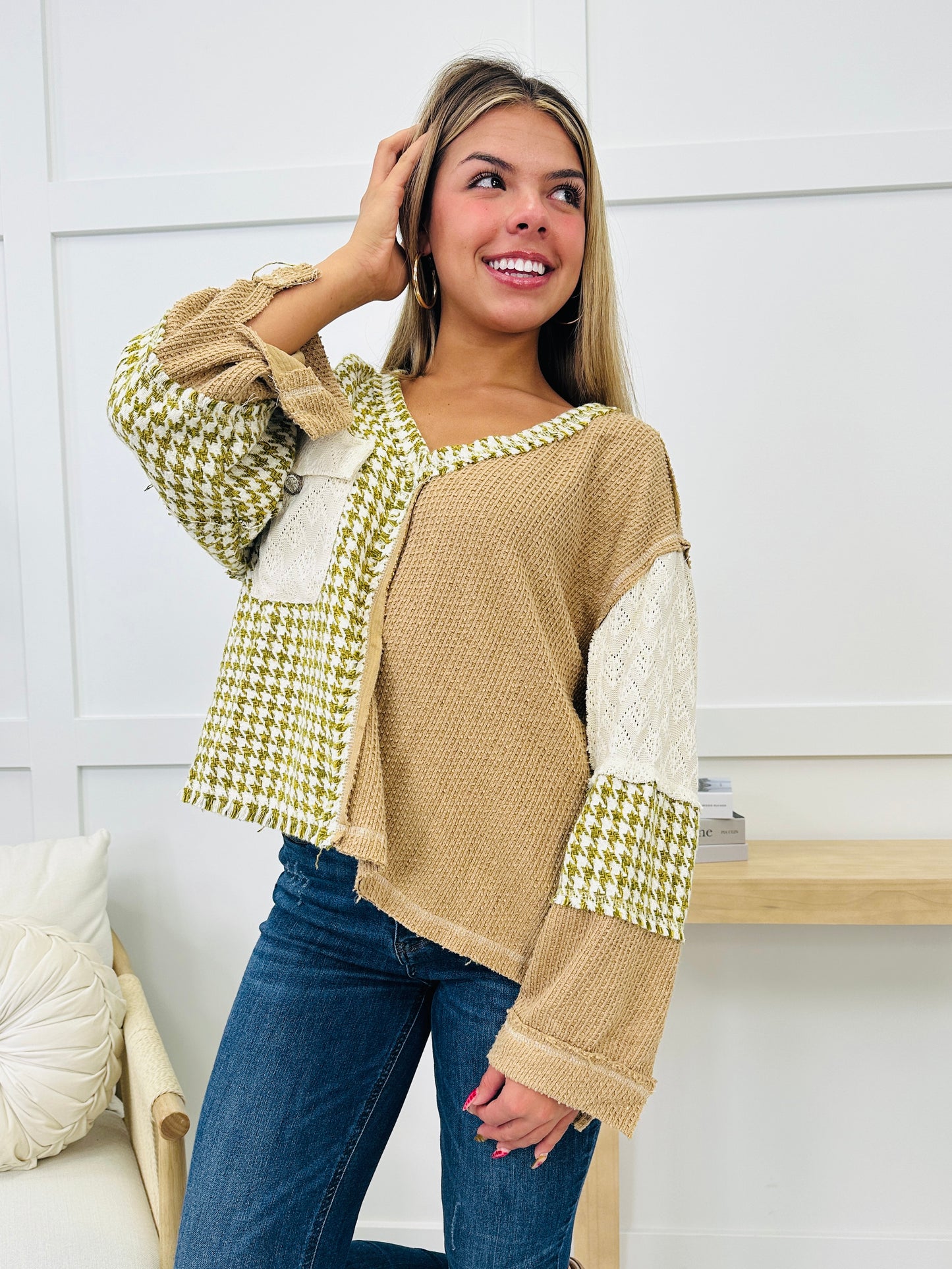 Stitched Together Top In Mocha Olive Multi