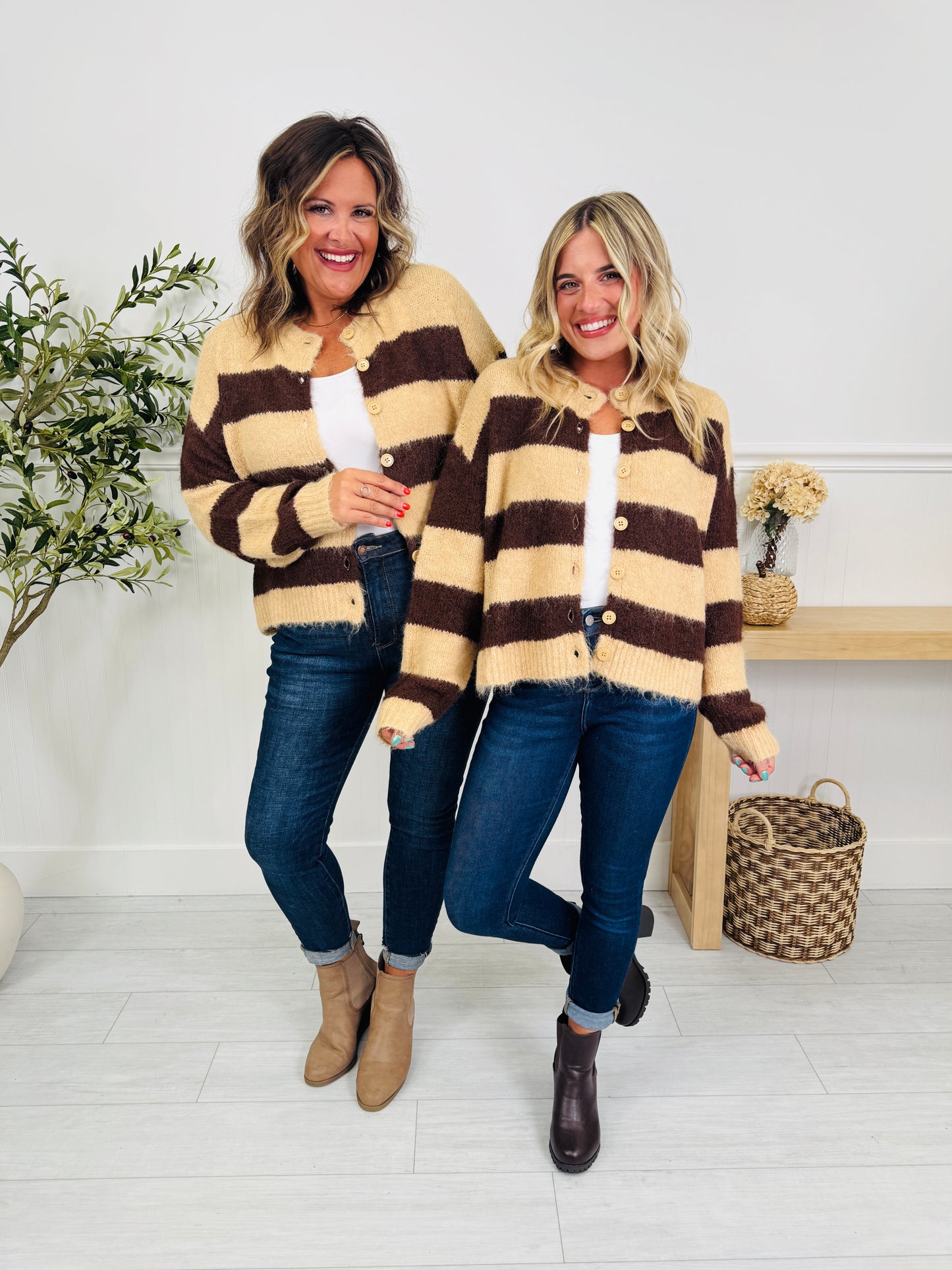 Soft Spot For Stripes Cardigan In Taupe
