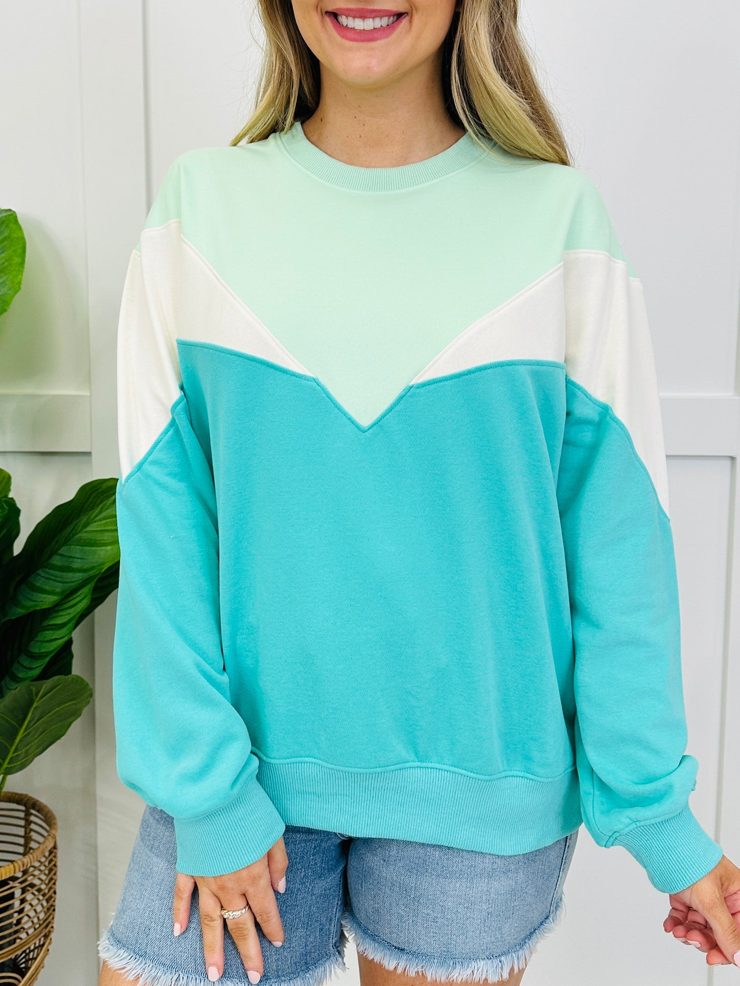 Colorblock Cozy Top In Aqua