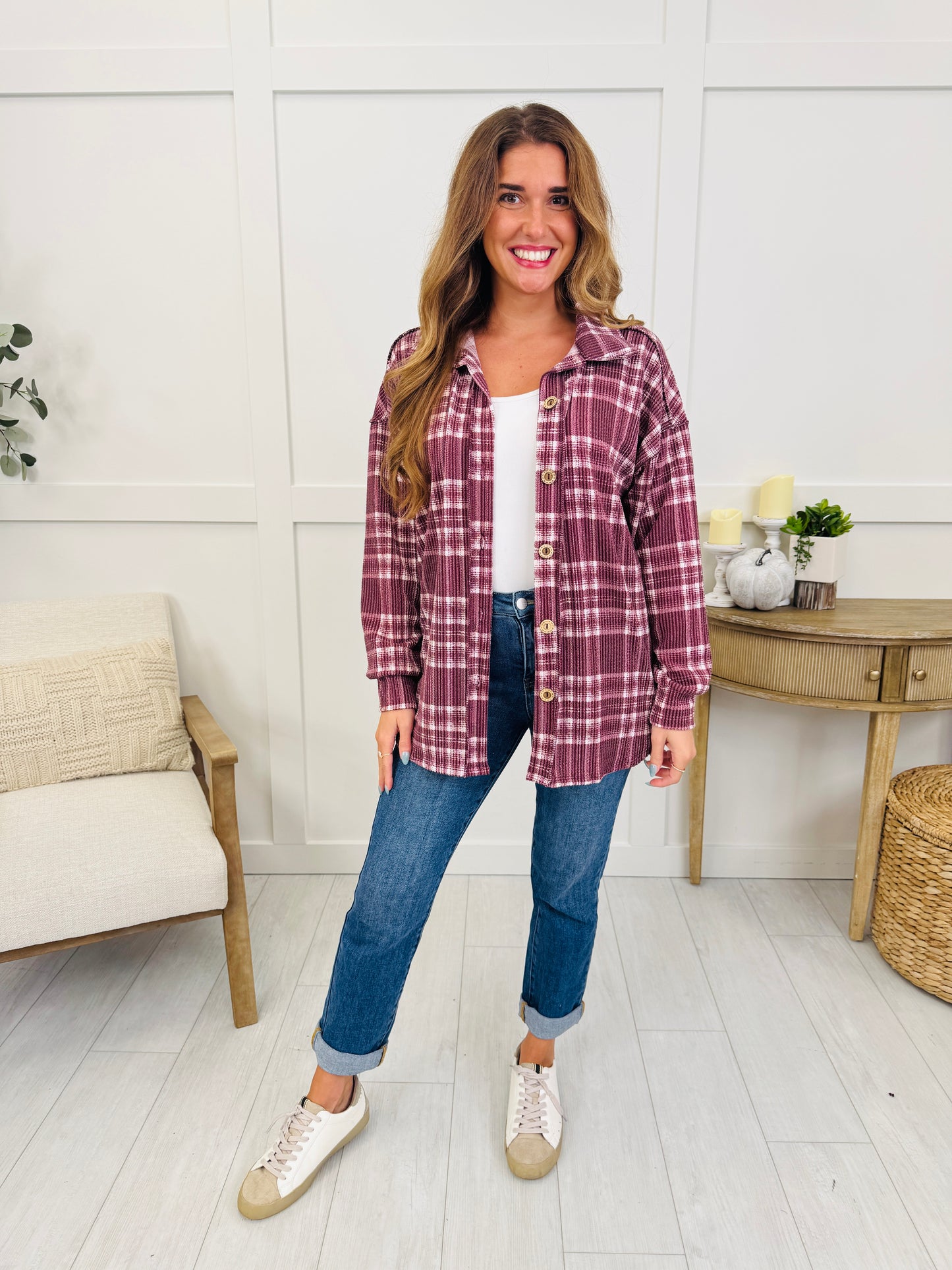 Flannel Forecast Shacket In Burgundy