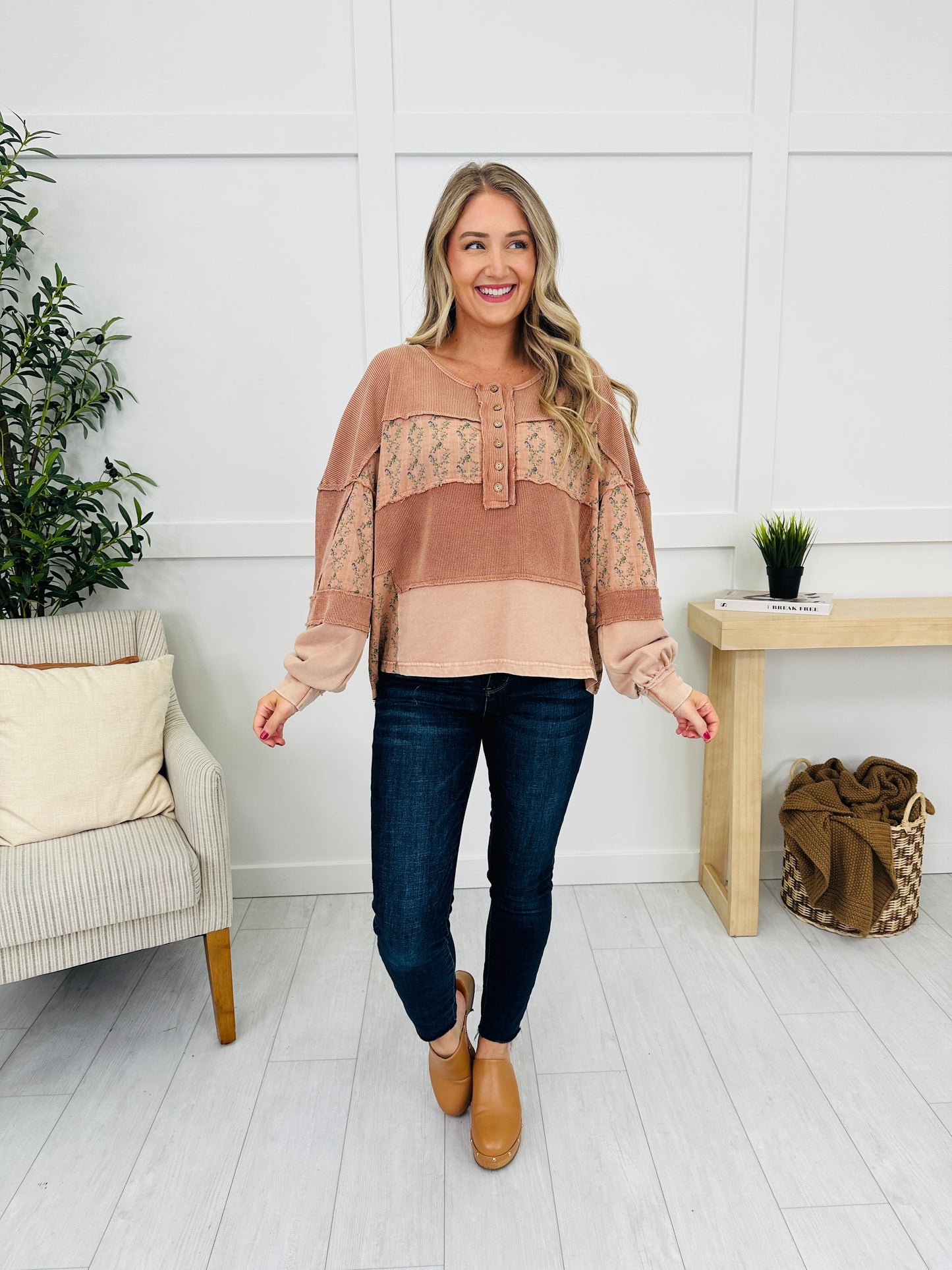 Faded Florals And Feels Top in Camel