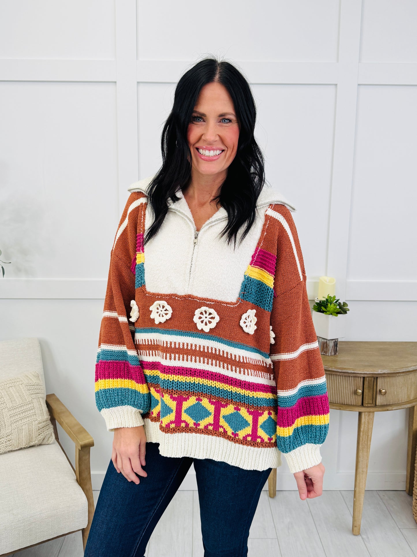 Cozy Carnival Sweater In Brick Multi