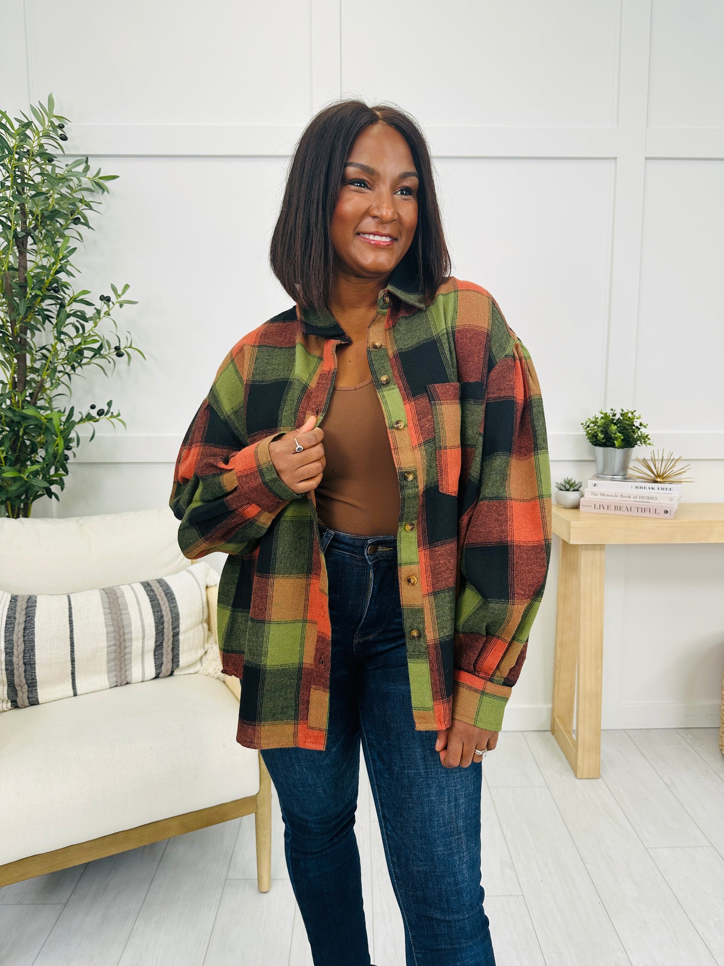 Meet Me At The Bonfire Flannel in Olive/Rust