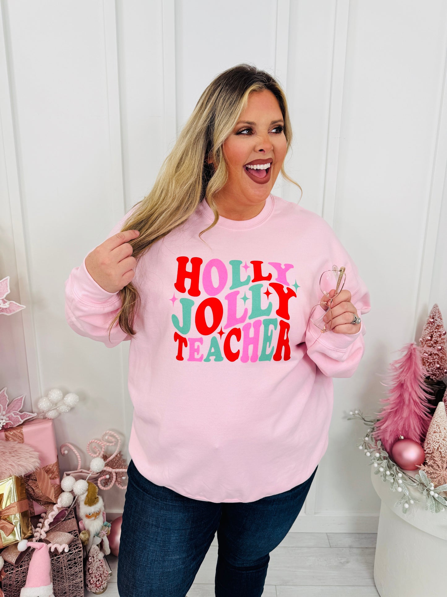 Holly Jolly Teacher Graphic Crewneck Sweatshirt