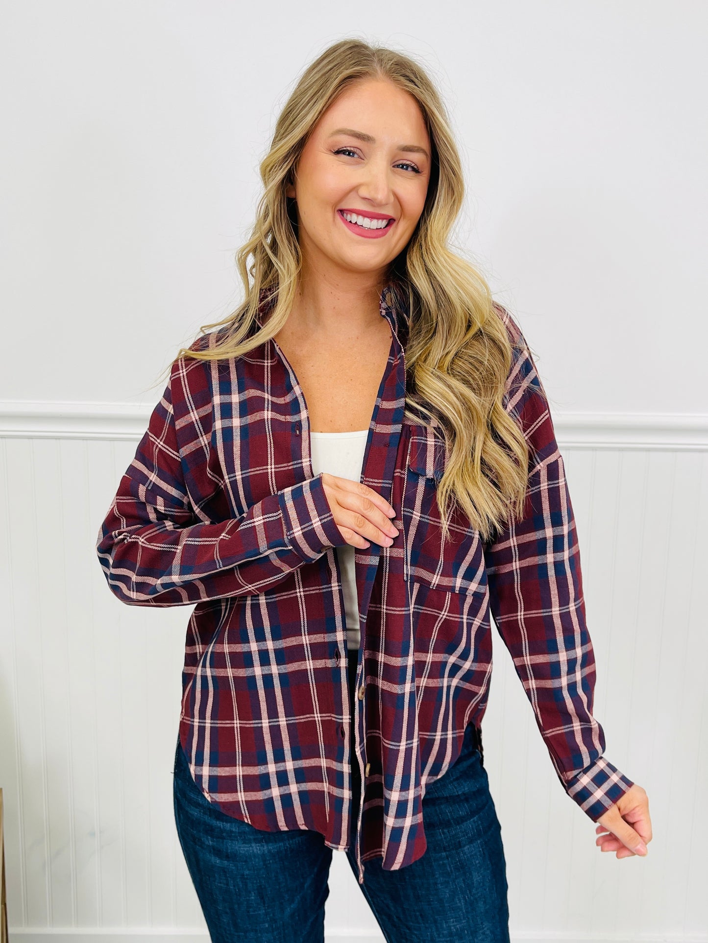 Through The Pines Top in Burgundy Multi