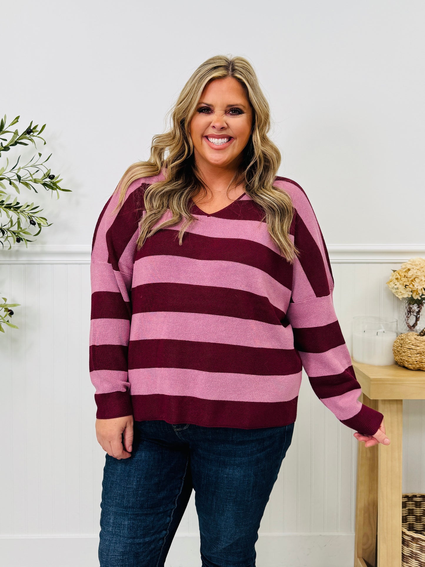 Stripe Of The Moment Sweater In Wine