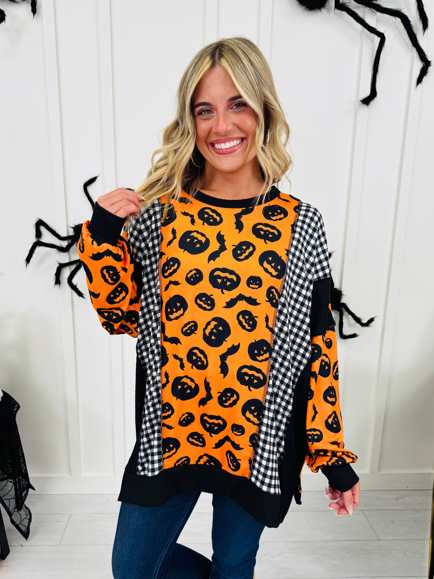 All Things Spooky Top In Pumpkin Print