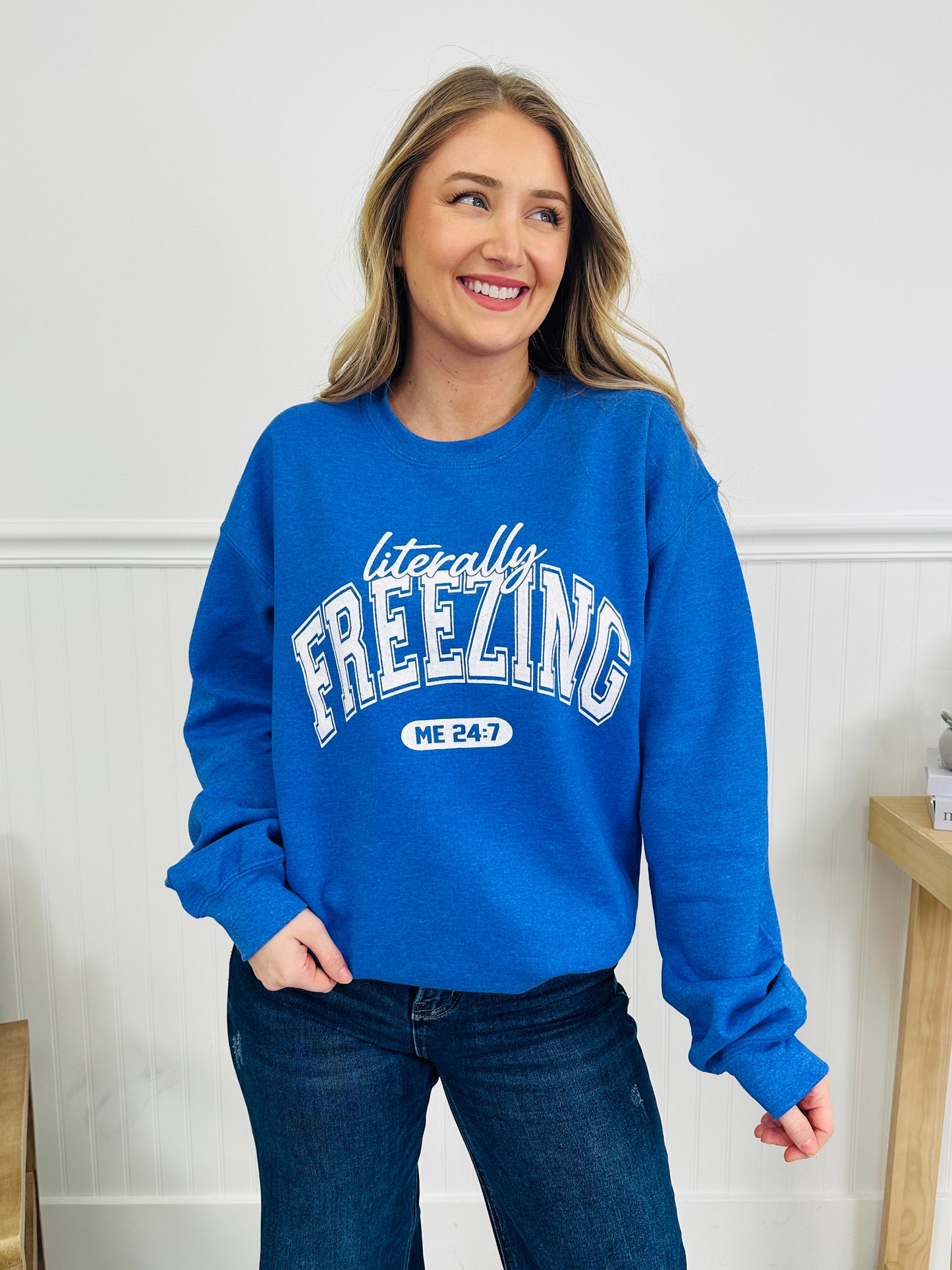 Literally Freezing Graphic Crewneck Sweatshirt In Heather Royal