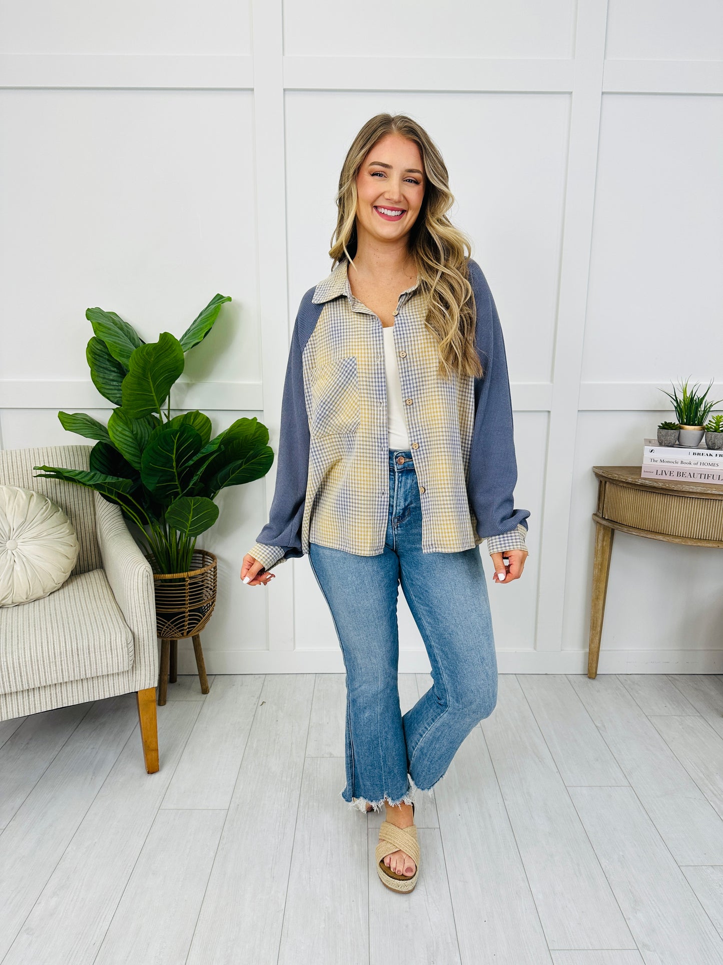 Gingham And Go Top in Navy