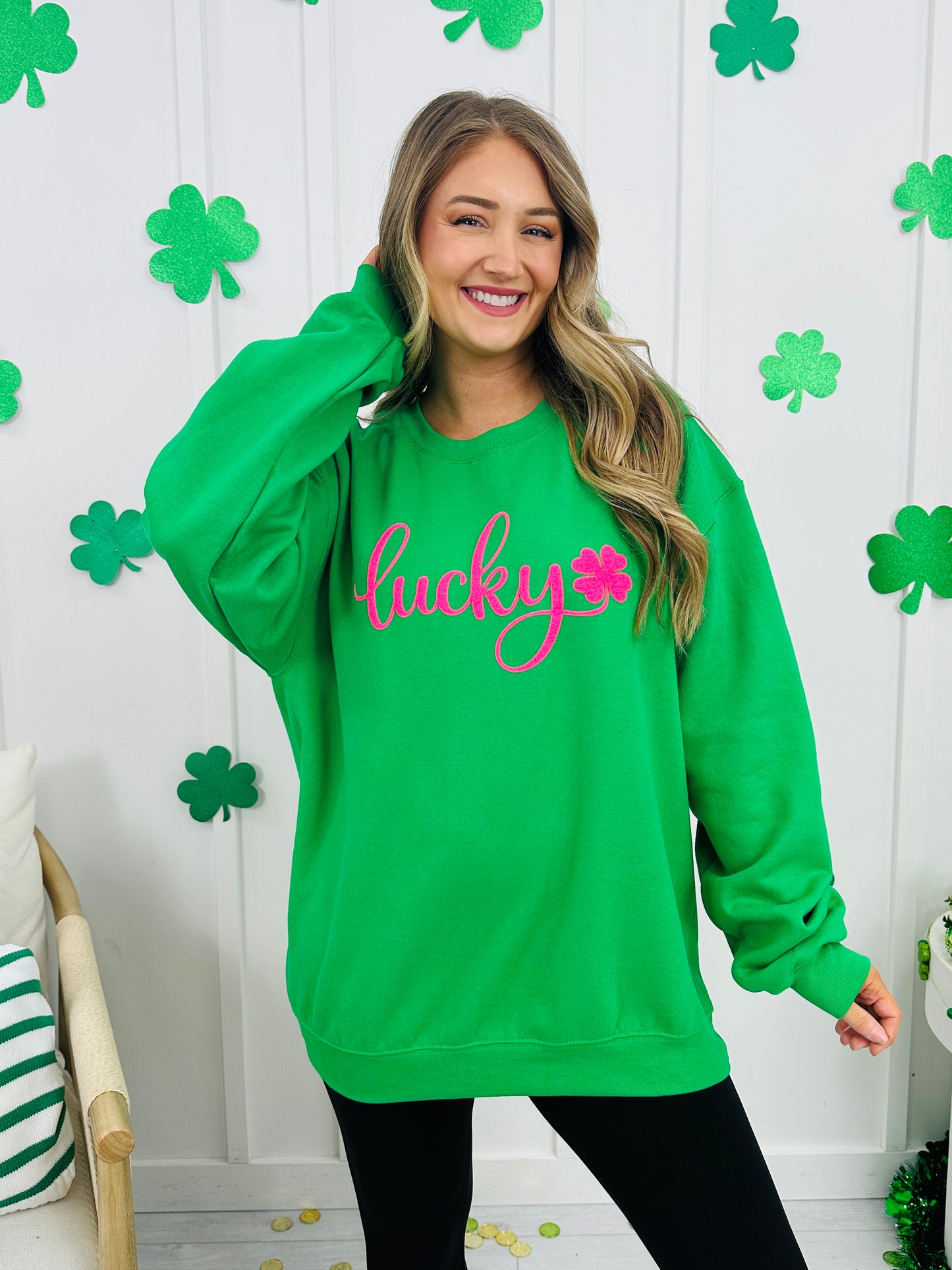 Pink Lucky Clover Puff Graphic Crewneck Sweatshirt