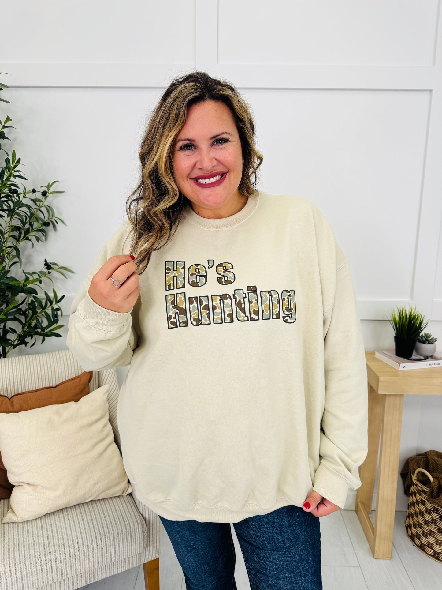 He's Hunting Graphic Crewneck Sweatshirt