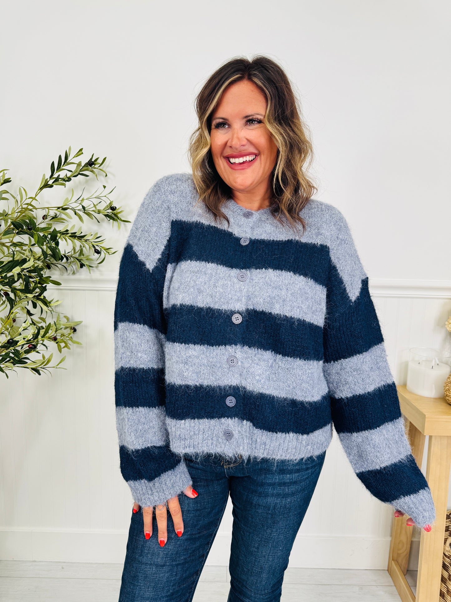 Soft Spot For Stripes Cardigan In Navy