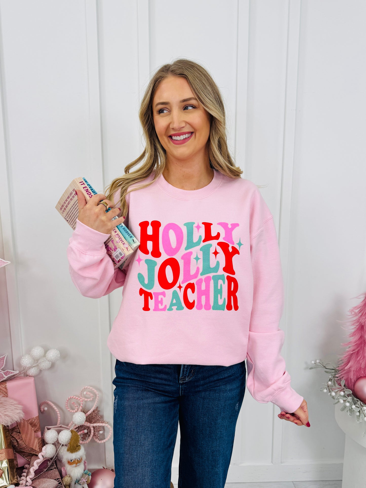 Holly Jolly Teacher Graphic Crewneck Sweatshirt