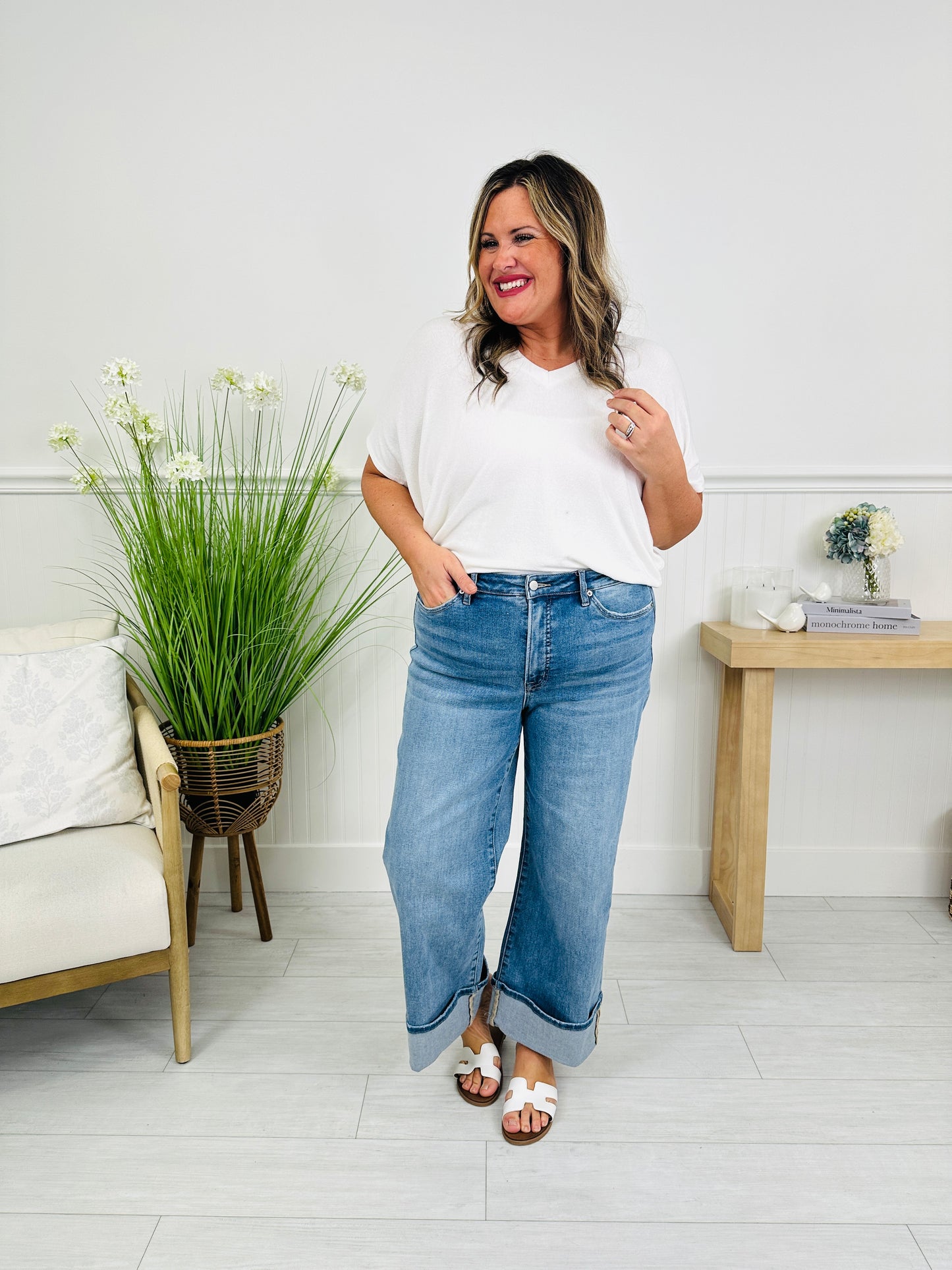 Off The Cuff Wide Leg Cuffed Tummy Control Cropped Jeans