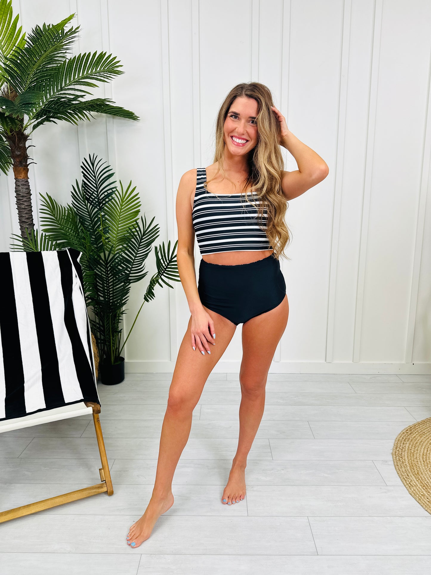 The Olivia Swim Top In Black/White Stripe