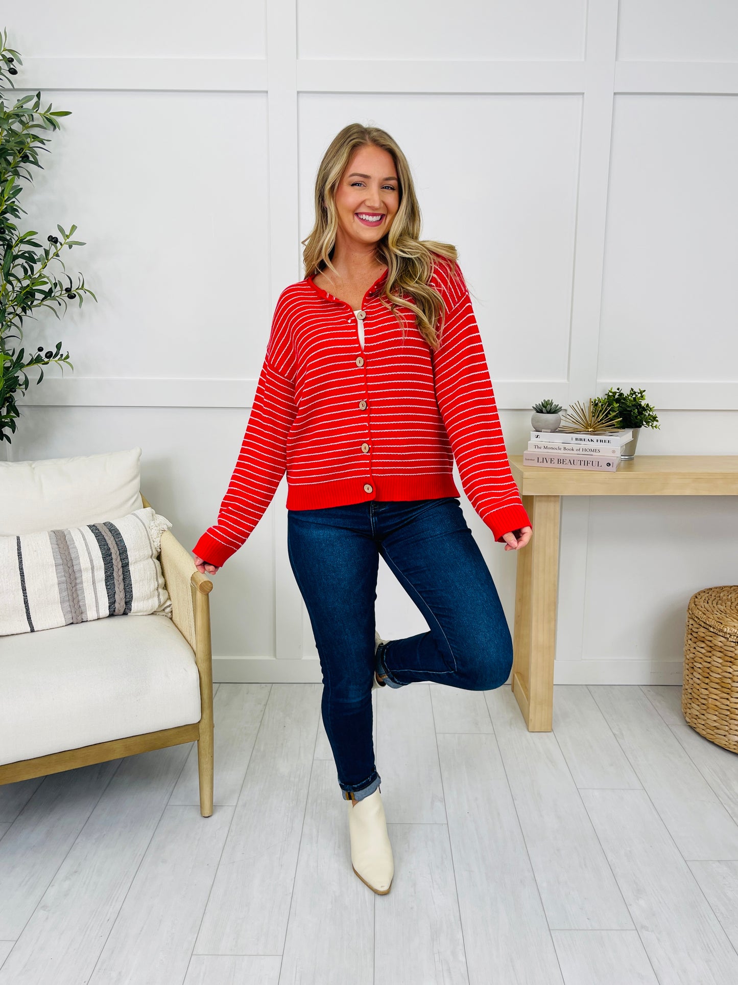 Polished In Stripes Cardigan in Red