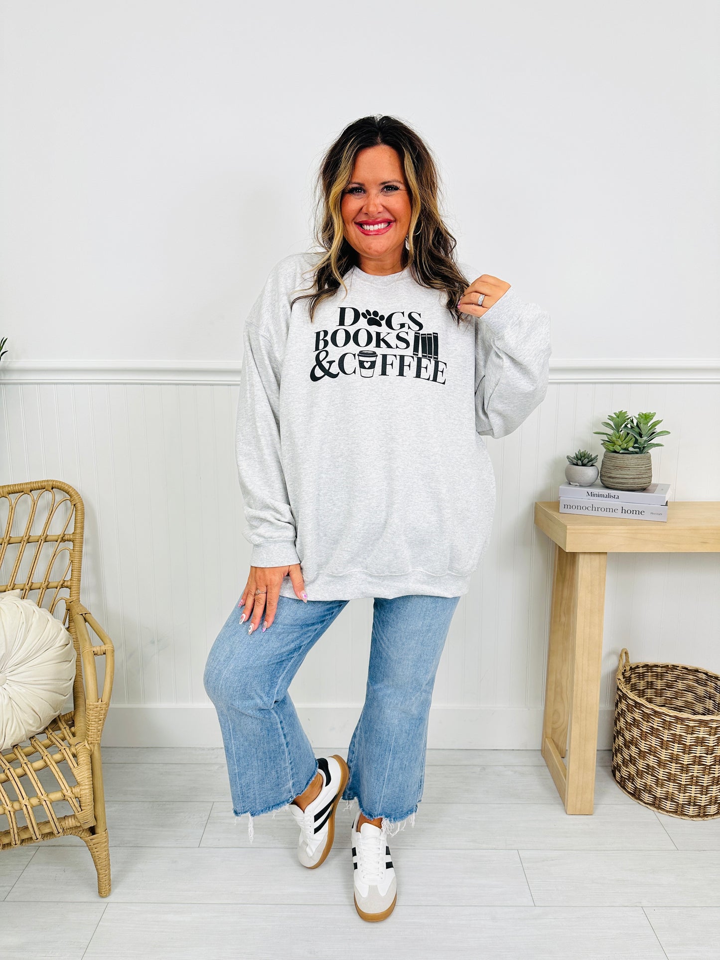 Dogs Books & Coffee Graphic Crewneck Sweatshirt