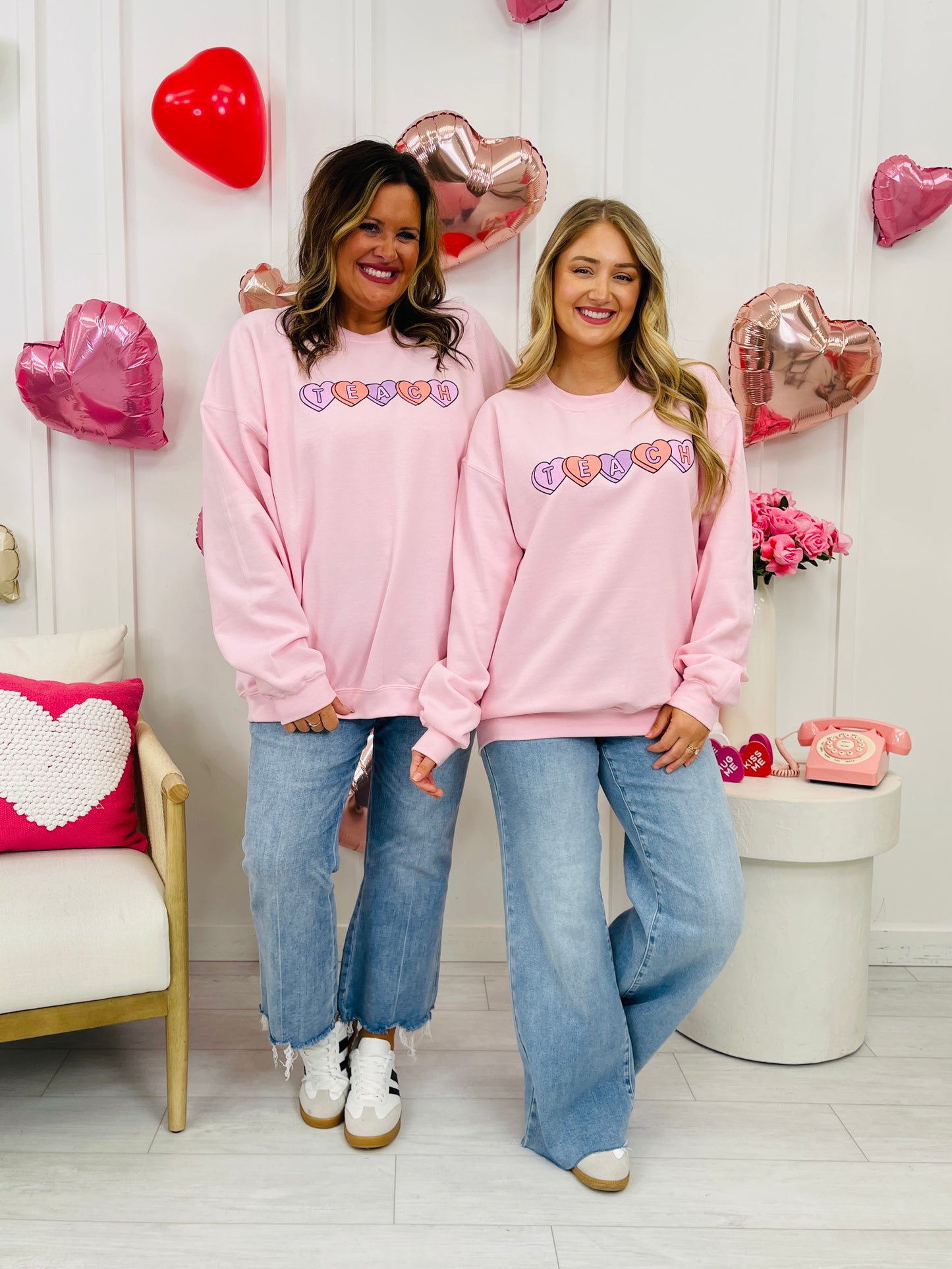 Teach Candy Hearts Graphic Crewneck Sweatshirt