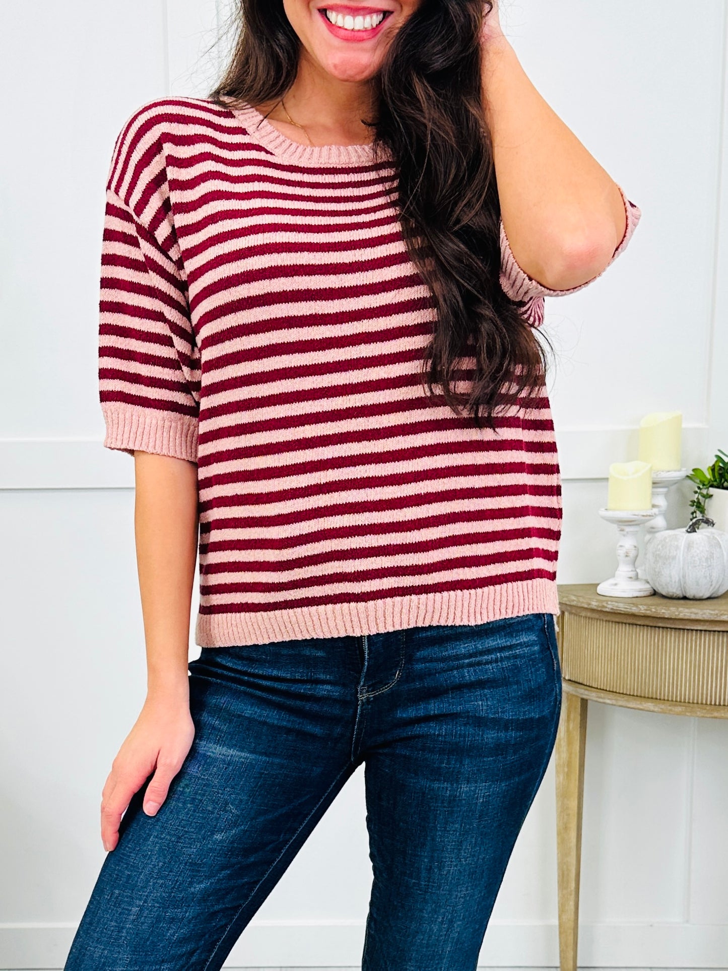 Sunday Stroll Stripe Top In Burgundy
