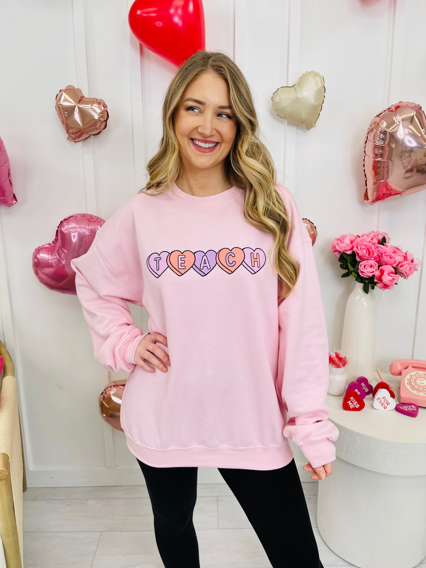 Teach Candy Hearts Graphic Crewneck Sweatshirt