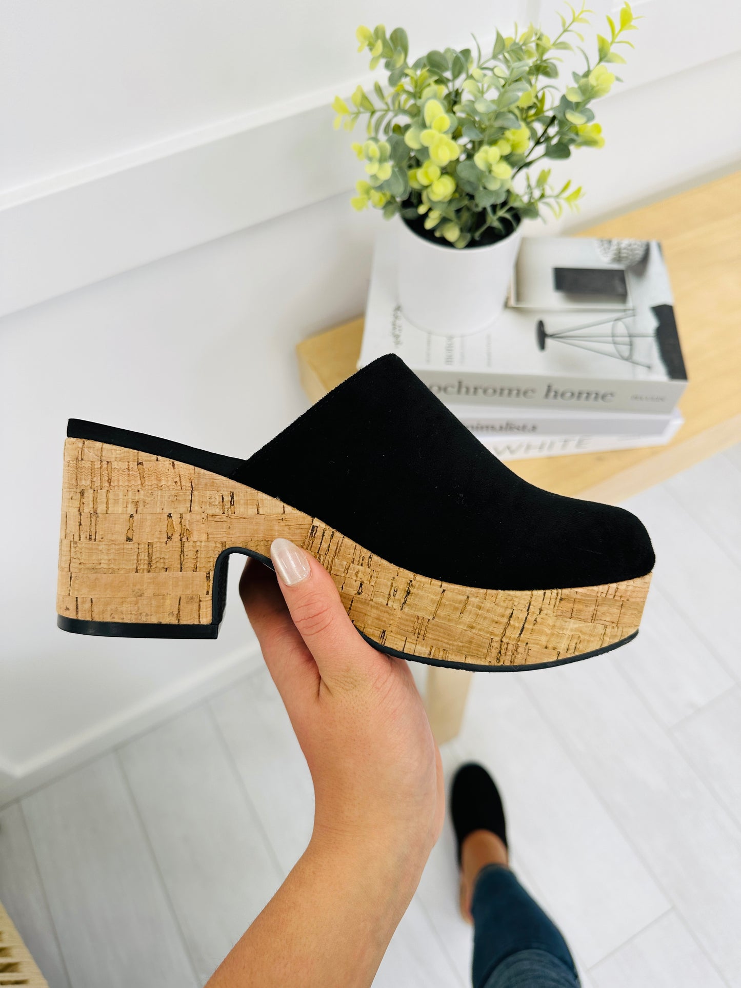 Boho Block Clogs In Black Faux Suede