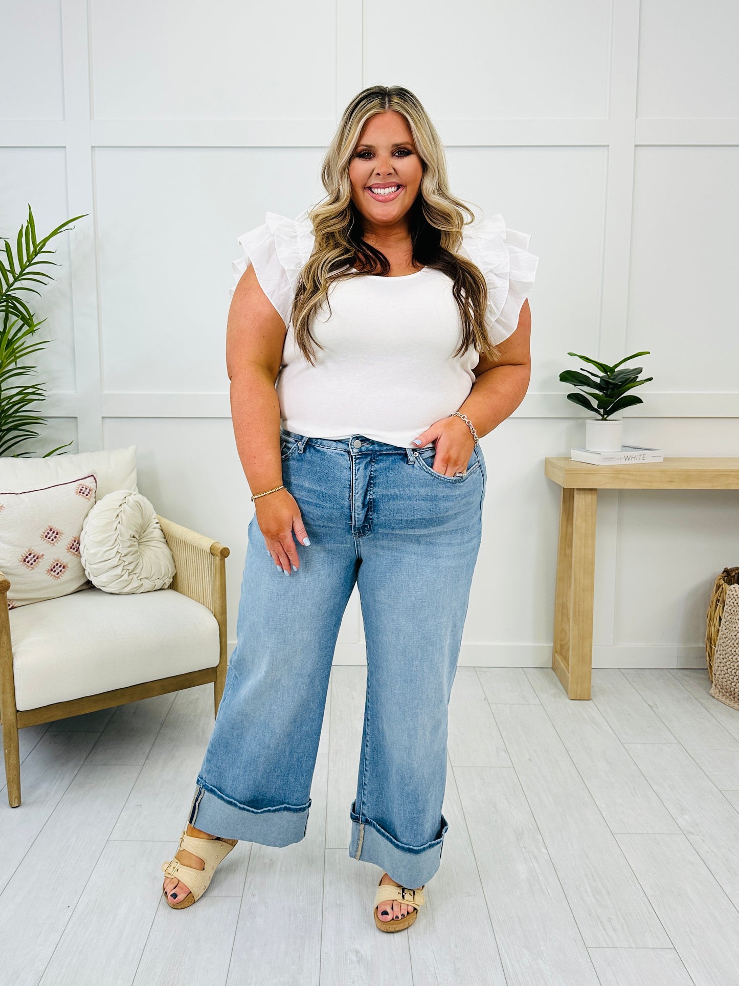 Off The Cuff Wide Leg Cuffed Tummy Control Cropped Jeans